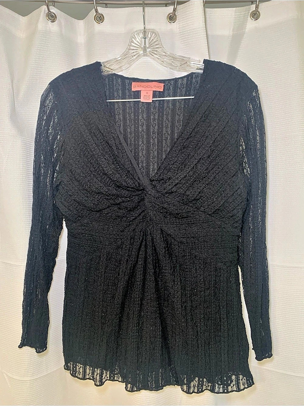 Bandolino Ruched Lace Sleeve Blouse in Black Large Like New